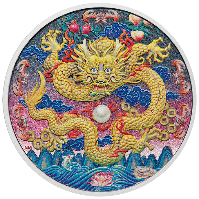 Colorful dragon design on a round emblem with intricate details