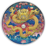 Colorful dragon design on a round emblem with intricate details