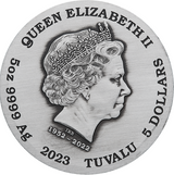 Tuvalu 2023 $5 Fu Lu Shou 5oz .9999 Antique Silver Perth Mint