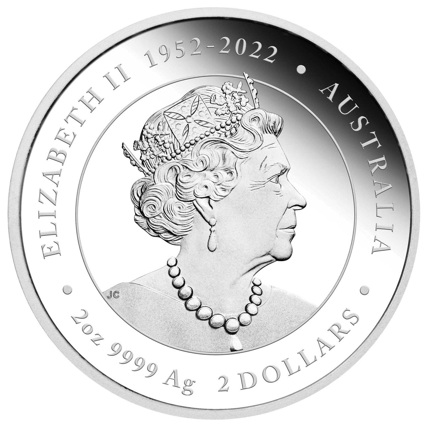 Silver coin with profile of a queen and text indicating 'Elizabeth II Australia 1 oz 9999 Ag 1 Dollar'.