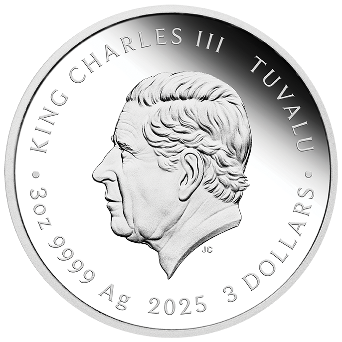 Silver coin featuring King Charles III with text indicating year, weight, and denomination.