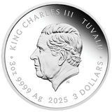 Silver coin featuring King Charles III with text indicating year, weight, and denomination.