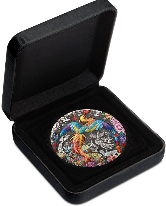 Tuvalu 2023 $5 Phoenix &amp; Birds 5oz .9999 Antiqued Coloured Silver Case and Coin