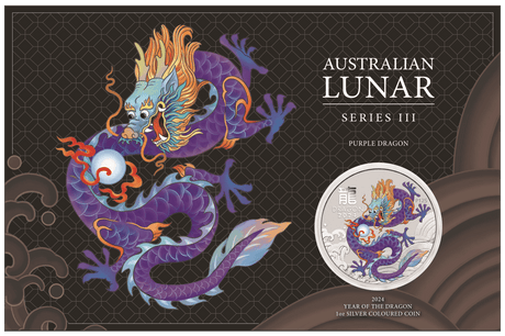 Australia 2024 Lunar Series III $1 Year of the Dragon Purple 1oz .9999 Silver Coin in Card Perth Mint