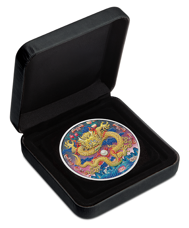 Colorful dragon design coin in a black display case