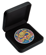 Colorful dragon design coin in a black display case