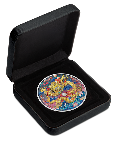 Tuvalu 2025 $3 IMPERIAL GOLDEN DRAGON Coloured METALLIC SHIMMER 3oz .9999 Silver Proof