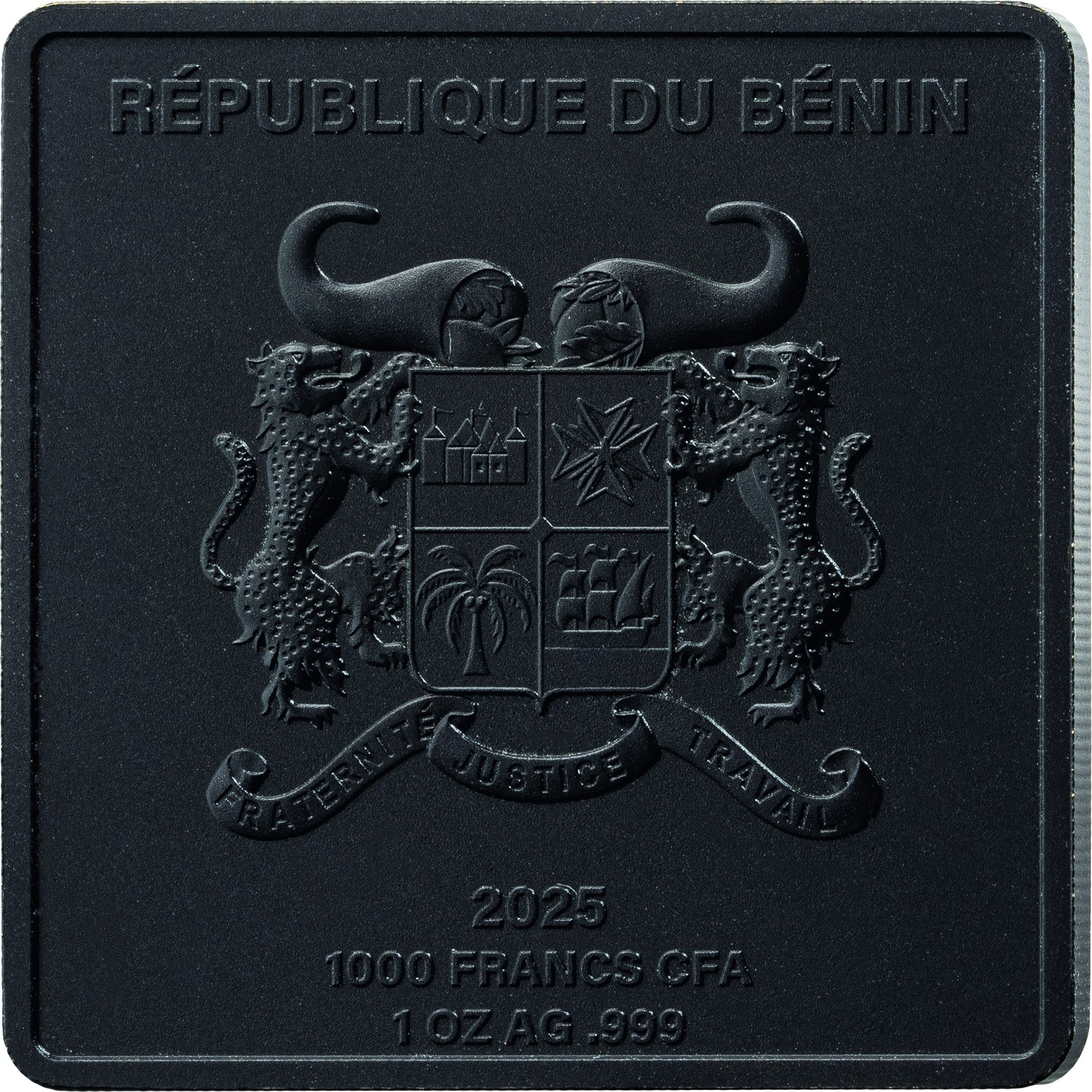 A square black coin or medallion featuring the embossed coat of arms of the Republic of the Benin, with the text 'RÉPUBLIQUE DU BÉNIN' at the top and '2025 1000 FRANCS CFA 1 OZ AG .999' at the bottom.