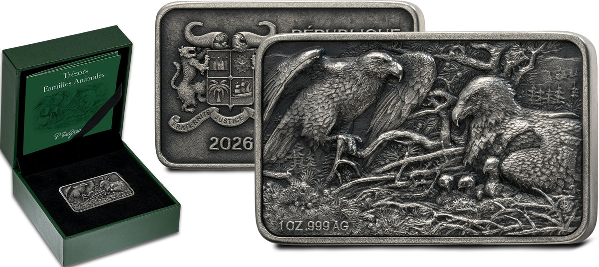 A silver-toned Australian family animal bullion coin featuring two emus, shown alongside its green presentation box and a second coin backing. The coin has detailed embossed artwork of the emus and includes '2026' and 'OZ .