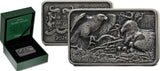 A silver-toned Australian family animal bullion coin featuring two emus, shown alongside its green presentation box and a second coin backing. The coin has detailed embossed artwork of the emus and includes '2026' and 'OZ .