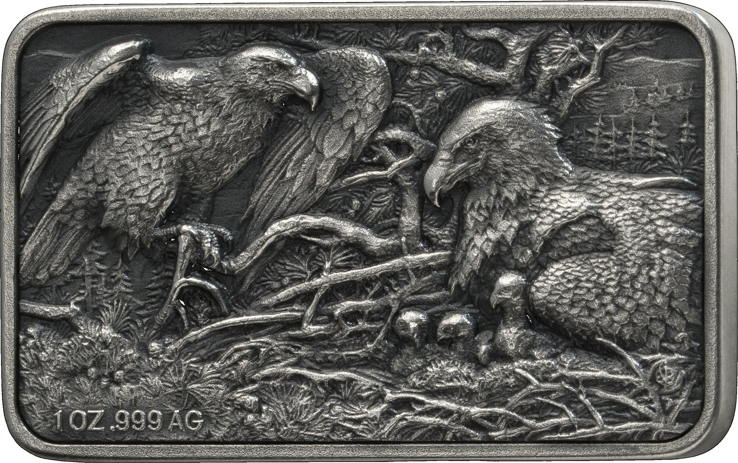 A rectangular silver coin with a raised relief design depicting two large eagles among branches and nestlings. The left eagle is standing and looking to the side, while the right eagle is seated and looking downward.
