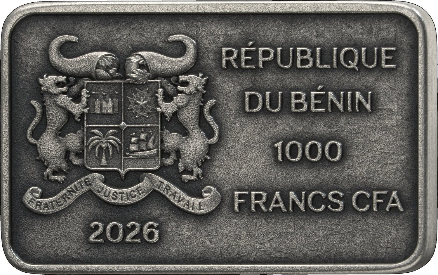 A rectangular silver-toned coin or medallion with rounded corners, featuring the coat of arms and text for the Republic of Benin, 1000 Francs CFA, 2026.