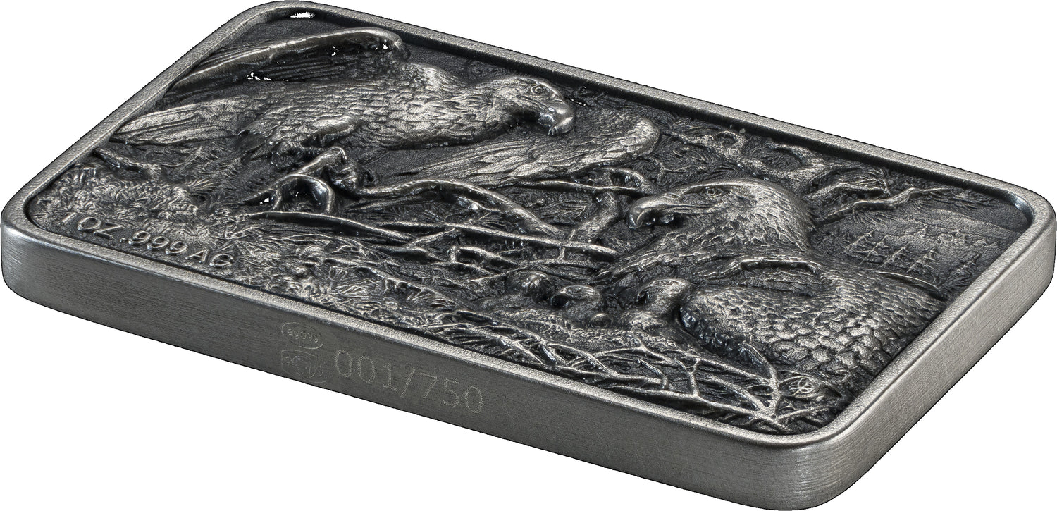 A rectangular silver-toned metal plaque featuring an embossed relief design of birds perched among branches and foliage, shown on a plain white background.
