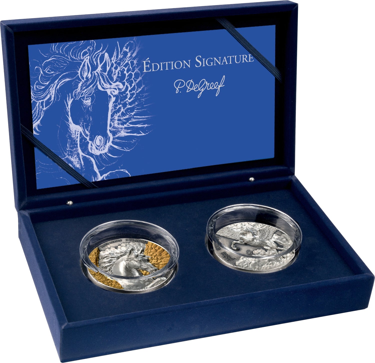 A P. DelGroef 'Edizione Signature' coin set in an open dark blue presentation box.
