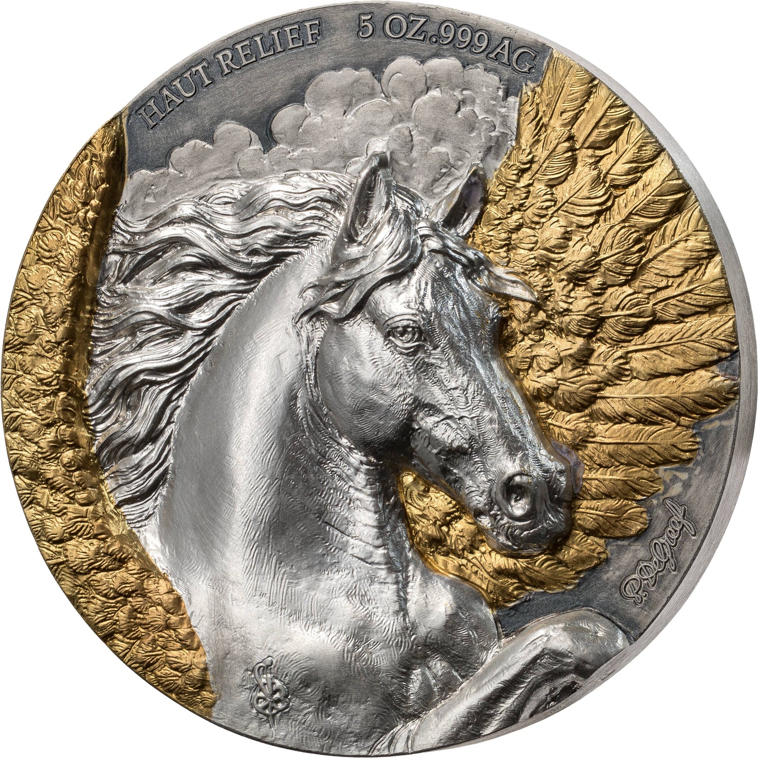 A circular silver-toned relief coin featuring a detailed horse head with flowing mane and large gold-toned feathered wings. The coin is shown close up on a plain white background, with engraved text at the top reading "HAUT RELIEF 3 OZ.