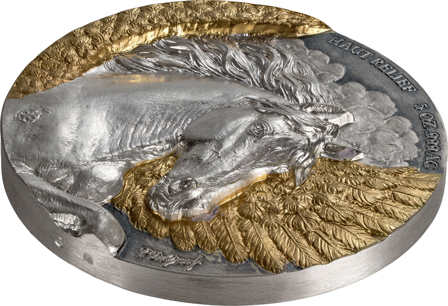 A circular relief sculpture of a horse head in polished silver with textured gold wings and background details, shown on a plain white background.