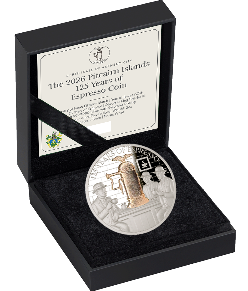 Pitcairn Islands 2026 $5 125 Years of Espresso 2oz .999 Silver Proof Coin Case