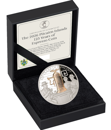 Pitcairn Islands 2026 $5 125 Years of Espresso 2oz .999 Silver Proof Coin Case