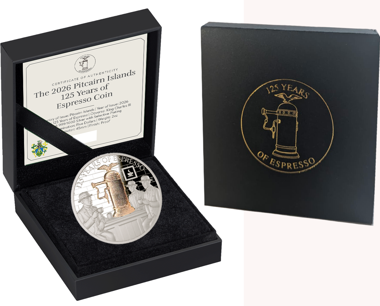 Pitcairn Islands 2026 $5 125 Years of Espresso 2oz .999 Silver Proof Coin Case and Box