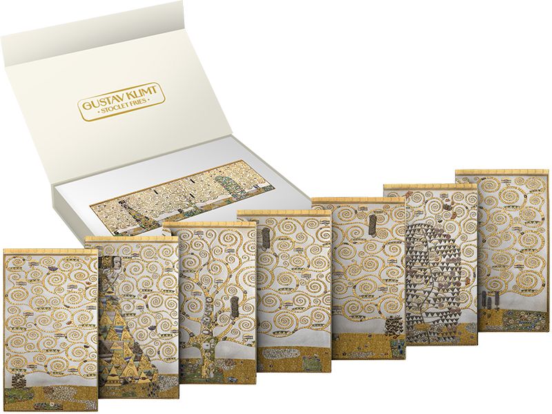  Gustav Klimt’s iconic Stoclet Frieze, one of the defining masterpieces of Viennese Art Nouveau. the seven 1oz  bars form a seamless, continuous motif with innovative edgeless minting with exceptional precision. The design is refined with partial gold plating, black platinum accents, colour printing, and shimmering gold glitter, creating vivid depth and luminous highlights.Congo 2026 20 Francs CFA EDGELESS MINTING: STOCLET FRIEZE - 7 x 1oz .999 Silver Reverse and Case