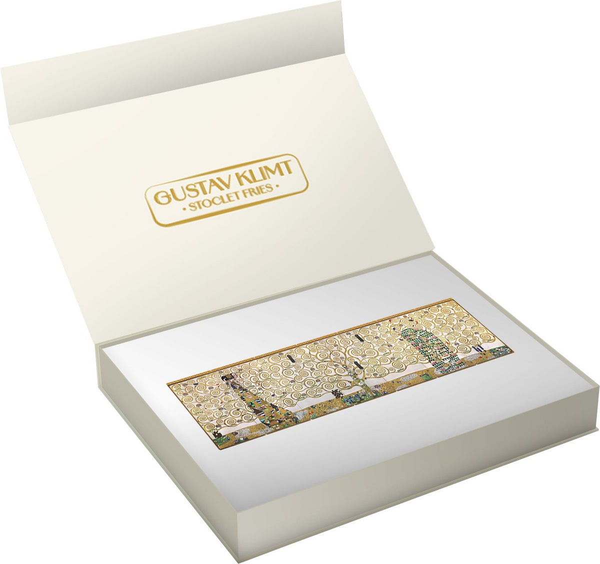 An open white Gustav Klimt 'Stocklet Fries' gift box displaying a rectangular gold-toned decorative piece featuring an Art Nouveau scene with trees and figures.