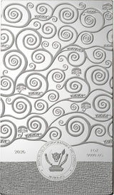 A silver-colored decorative plaque or wall art panel featuring an embossed pattern of swirling tree-like spirals, small tree silhouettes, and a circular emblem near the bottom with the text '2026' and '1 oz 999 Ag'.