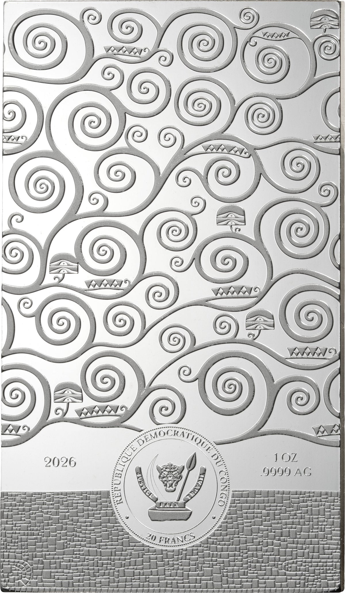 A silver-colored decorative plaque or wall art panel featuring an embossed pattern of swirling tree-like spirals, small tree silhouettes, and a circular emblem near the bottom with the text '2026' and '1 oz 999 Ag'.