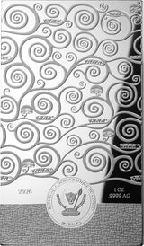 A silver-colored decorative plaque or coin featuring an embossed swirling tree-like pattern, with small tree silhouettes and the text '2026' and '1 oz .9999 AG' visible on a textured lower section.