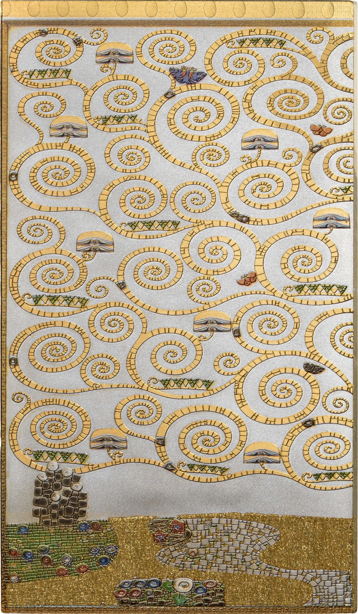A square textile or rug featuring a stylized tree design with swirling gold and beige branches, small multicolored leaves, and a gold ground, photographed flat against a white background.