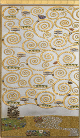 A square textile or rug featuring a stylized tree design with swirling gold and beige branches, small multicolored leaves, and a gold ground, photographed flat against a white background.