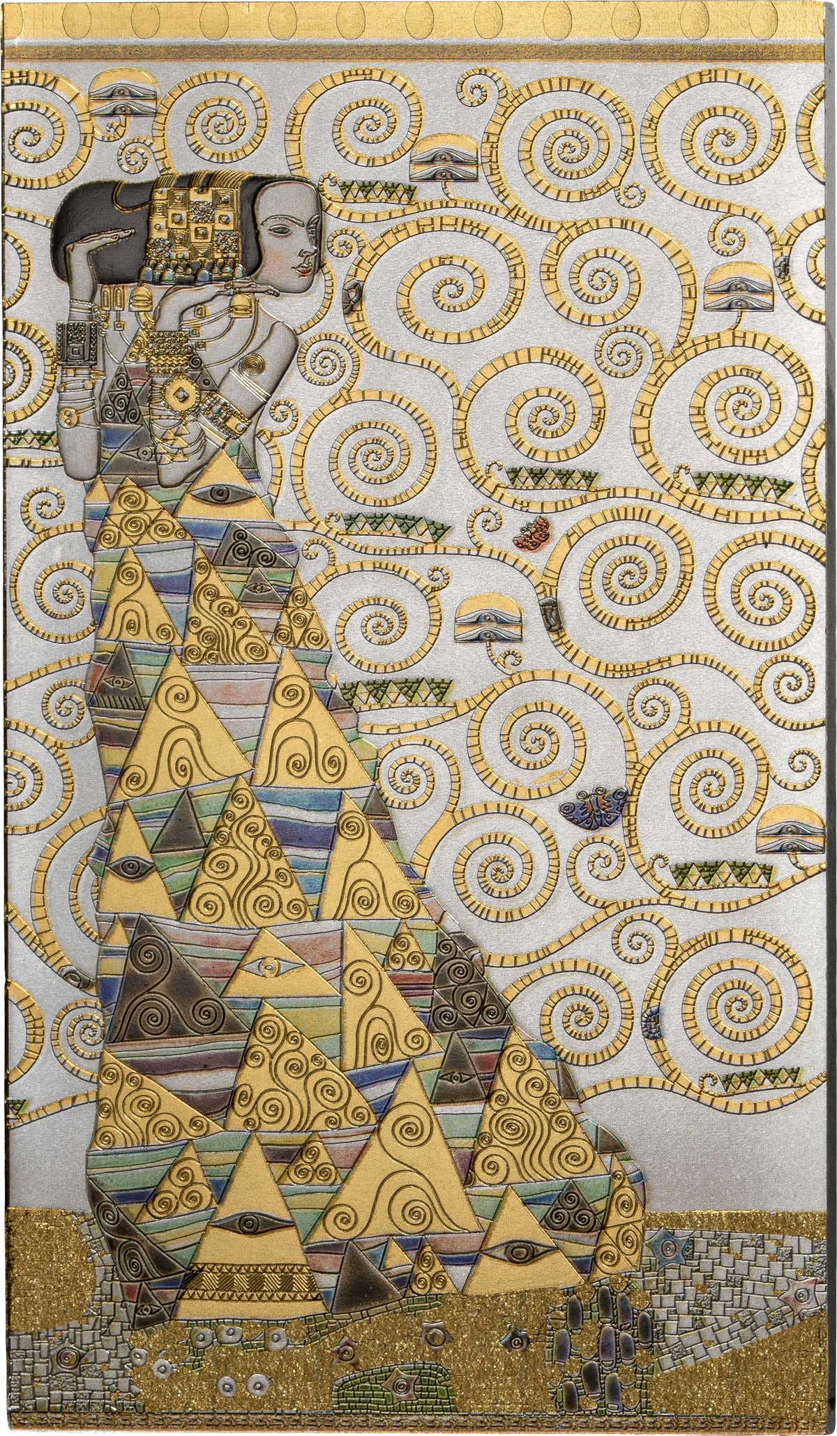 A decorative art print or poster featuring a stylized woman in a geometric dress with gold spirals and triangles on a white background.