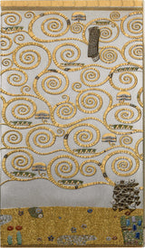 A square textile or rug featuring an abstract, decorative pattern of many gold spirals and loops on a light gray background, with small multicolored details and a gold border along the bottom.