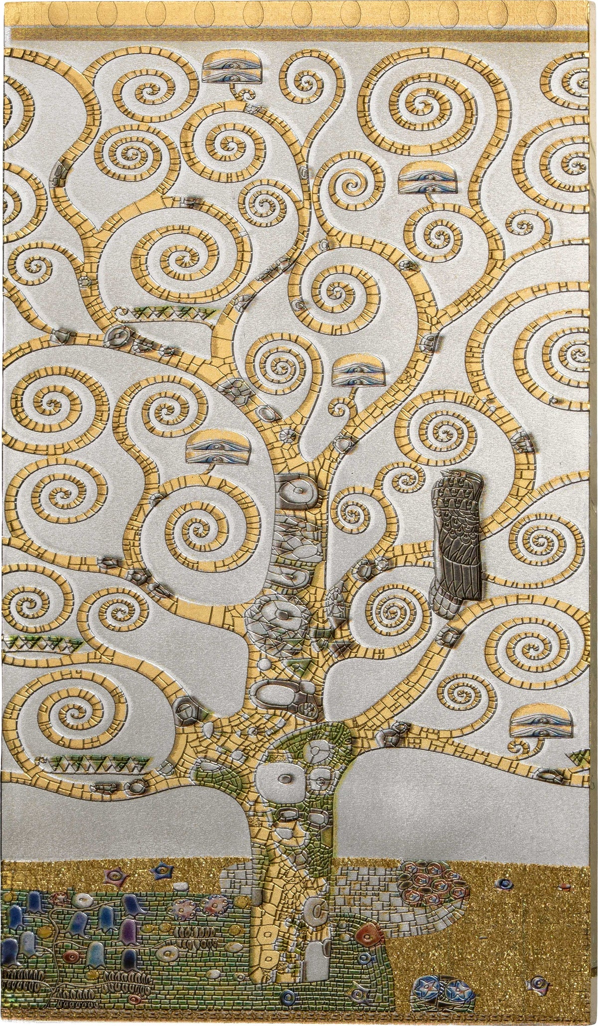A detailed mosaic artwork depicting a stylized tree with swirling branches and small architectural elements, rendered primarily in gold and white tones with smaller multicolored details near the base.