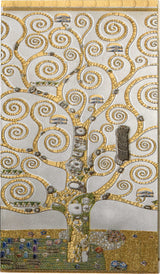 A detailed mosaic artwork depicting a stylized tree with swirling branches and small architectural elements, rendered primarily in gold and white tones with smaller multicolored details near the base.