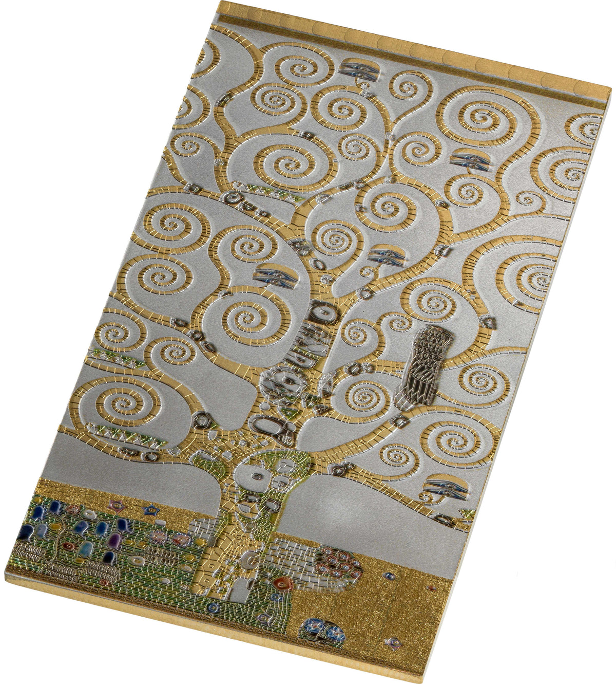 A rectangular decorative plaque or tile featuring Gustav Klimt's Tree of Life design in gold and silver tones, shown at an angle on a plain white background.