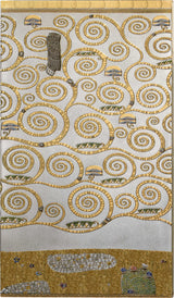 A square textile or rug featuring a decorative mosaic-style pattern of gold spirals and small landscape motifs on a light background, with a gold border at the top and bottom.
