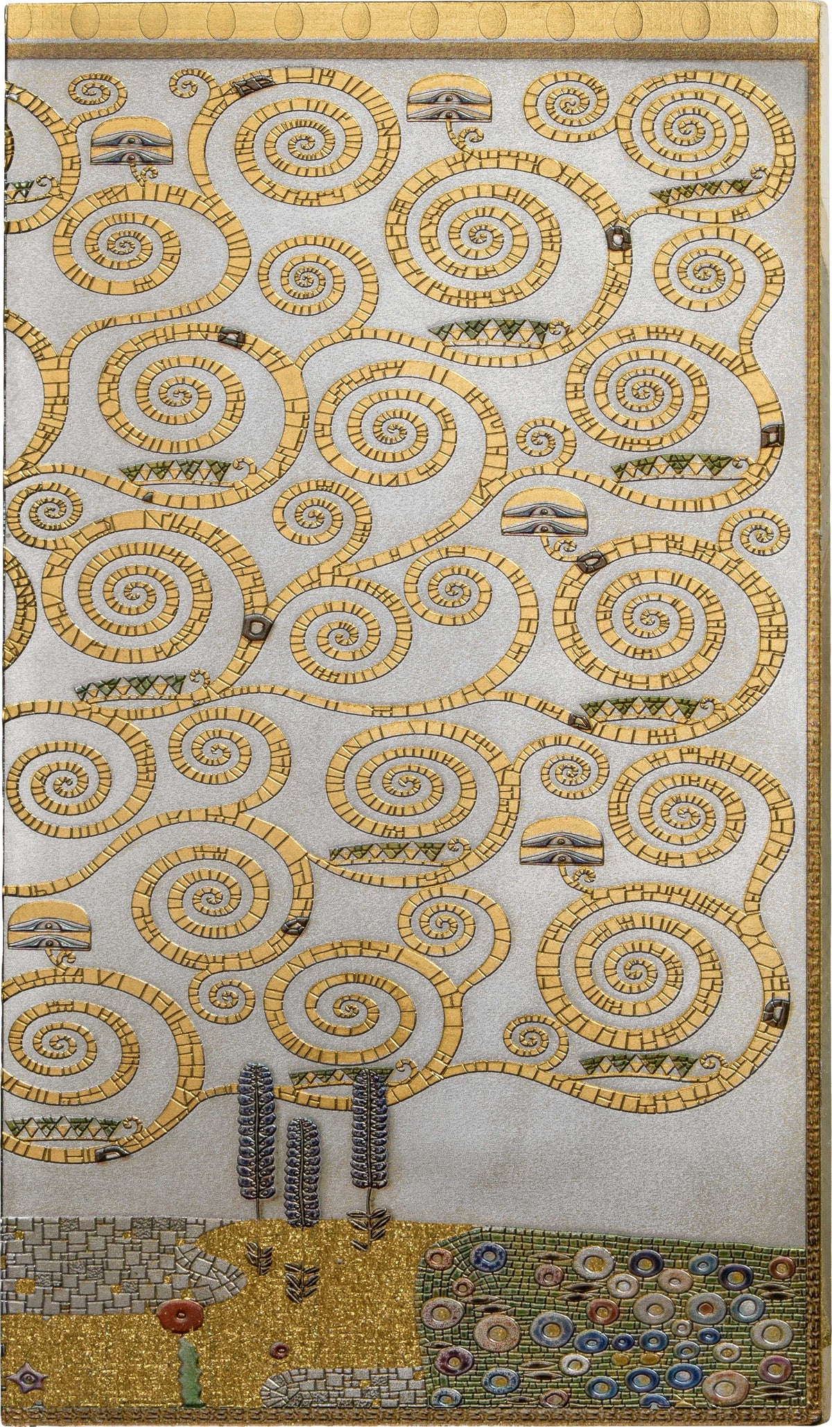 A square mosaic artwork featuring a stylized tree with swirling golden branches and many small houses, set against a pale background with a decorative border.