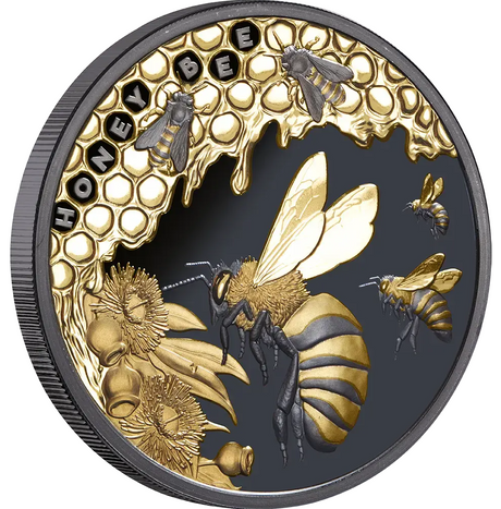 Niue 2025 $1 Honey Bee 1oz Silver Gilded Black Proof Coin Reverse angled