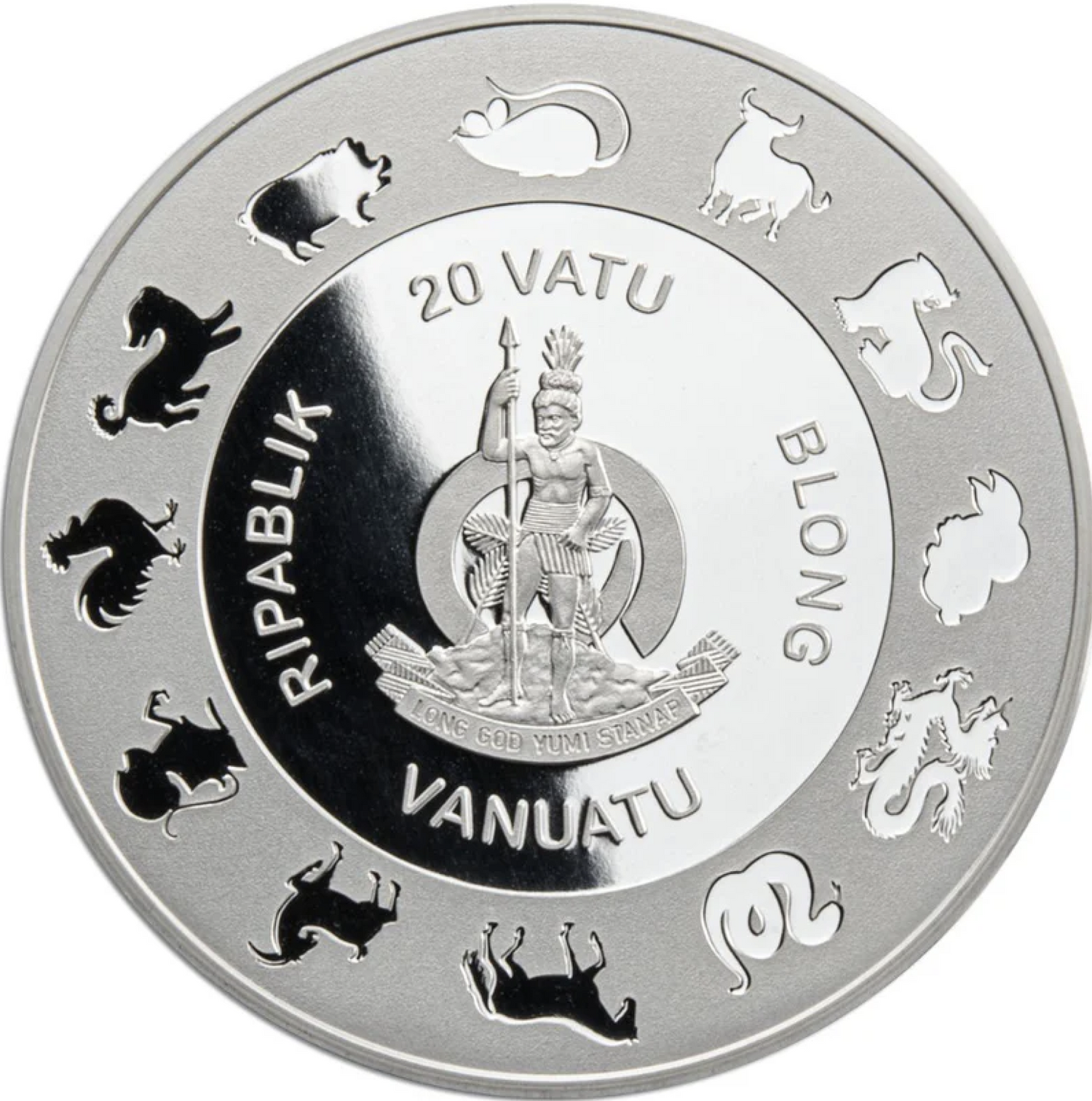 Silver coin with Vanuatu emblem and zodiac symbols