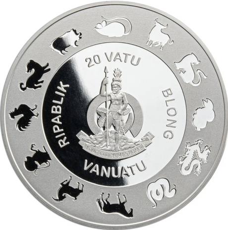 Silver coin with Vanuatu emblem and zodiac symbols