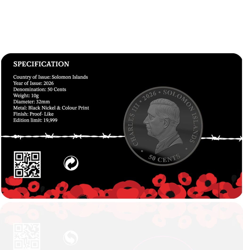 Solomon Islands 2026 50 Cents They Shall Grow Not Old Limited Edition Red Poppy Card  Back