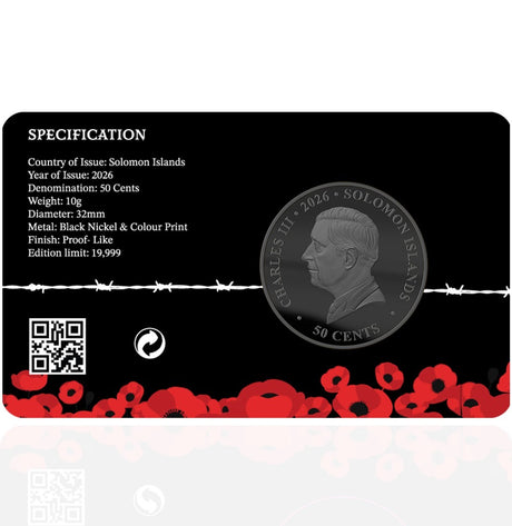 Solomon Islands 2026 50 Cents They Shall Grow Not Old Limited Edition Red Poppy Card  Back