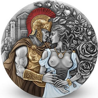 Decorative coin featuring a Roman soldier and woman with roses and classical architecture.