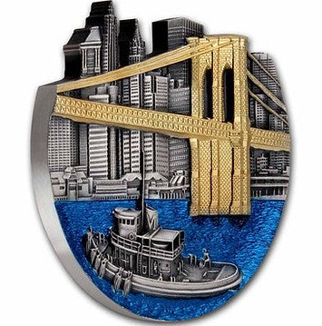 Decorative plaque with a cityscape featuring a gold bridge, blue water, and a boat.