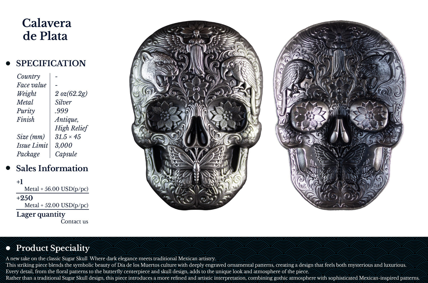 Silver skull-shaped coin with detailed design on a white background