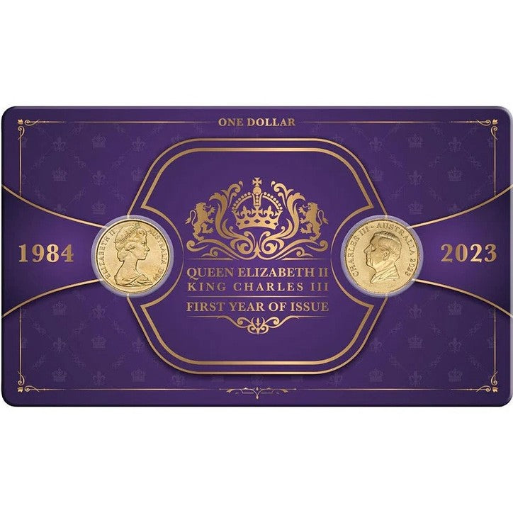 Purple packaging with gold coins and text for Queen Elizabeth II and King Charles III, 1984 and 2023.