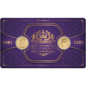 Purple packaging with gold coins and text for Queen Elizabeth II and King Charles III, 1984 and 2023.