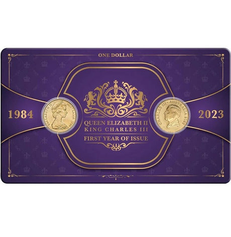 Purple packaging with gold coins and text for Queen Elizabeth II and King Charles III, 1984 and 2023.