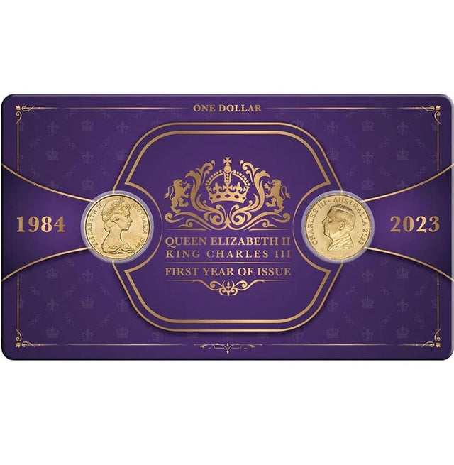 Purple packaging with gold coins and text for Queen Elizabeth II and King Charles III, 1984 and 2023.