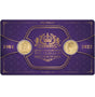 Purple packaging with gold coins and text for Queen Elizabeth II and King Charles III, 1984 and 2023.